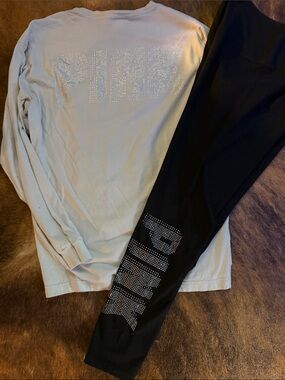 Pink Rhinestone Accent Long Sleeve Tee & Leggings Set - Light Blue & Black